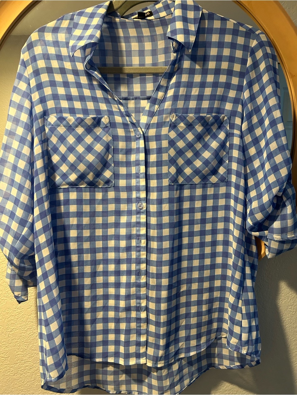 Express Blue and White Gingham Button-Front Shirt